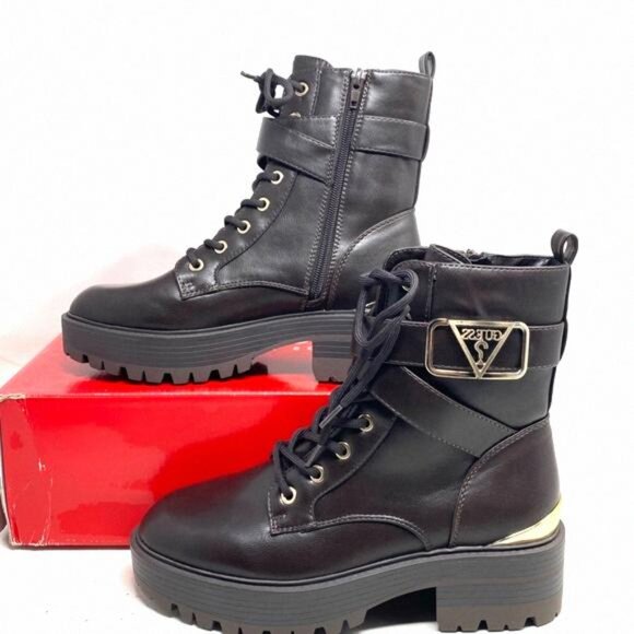 GUESS Flat Combat Booties Dark Brown Faux Leather GFFINLEES Heel Size Women's - Picture 3 of 9